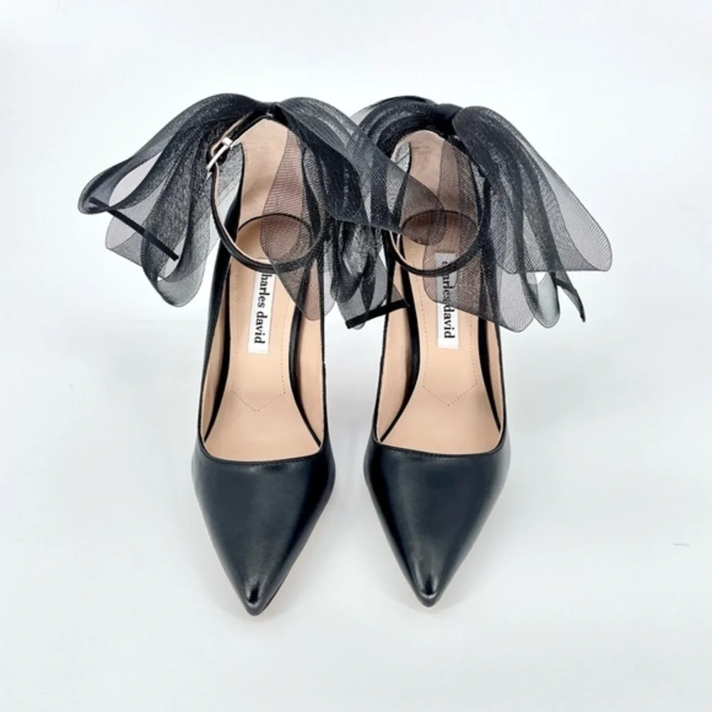 CHARLES DAVID Rogue Black Leather Ankle Strap Pointed Toe Pump Tulle Bow New 8.5
